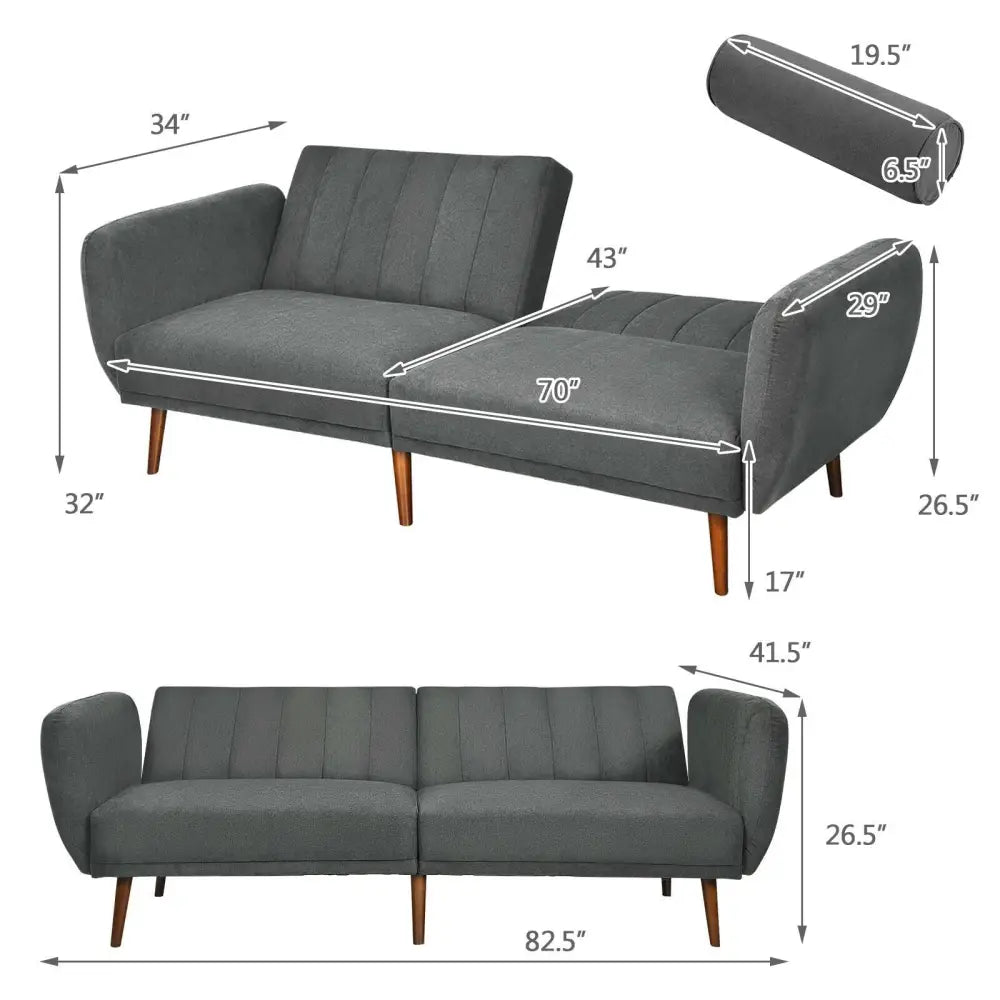 Convertible Futon Sofa Bed Adjustable Couch Sleeper with Wood Legs-Gray - Gray - Sofas & Loveseats