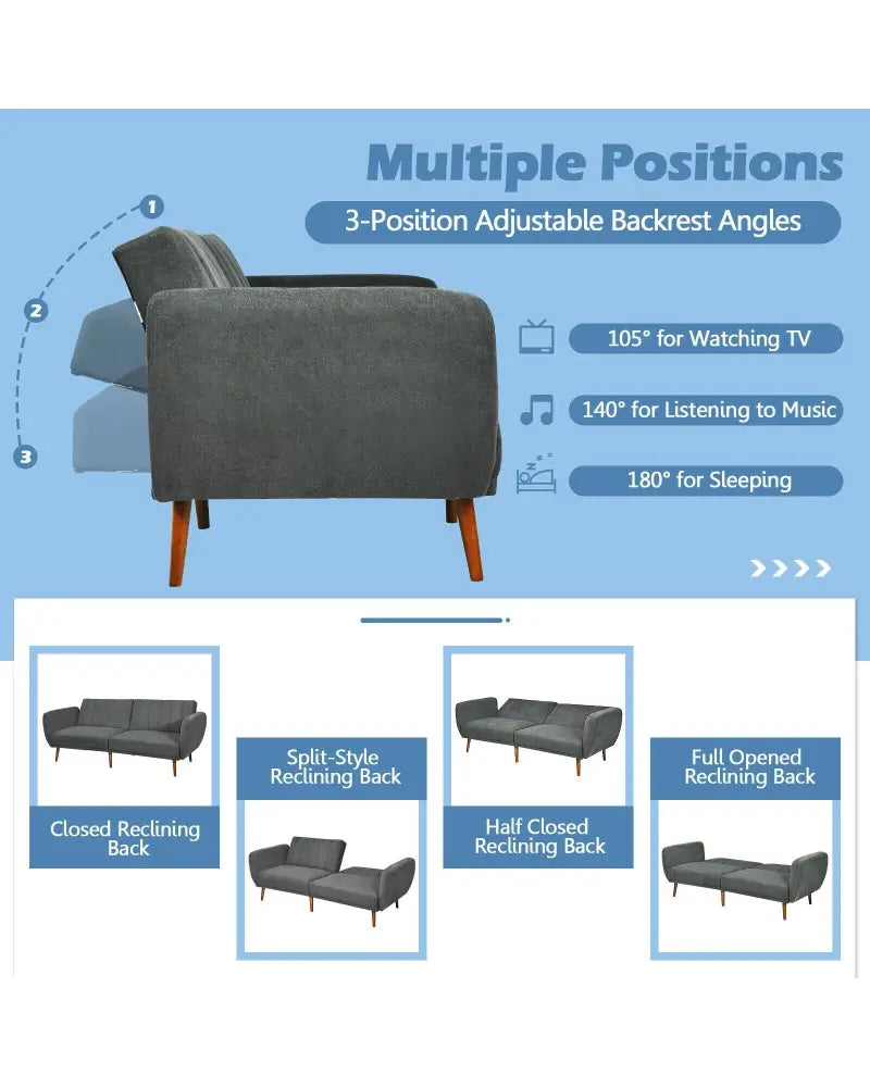 Convertible Futon Sofa Bed Adjustable Couch Sleeper with Wood Legs-Gray - Gray - Sofas & Loveseats