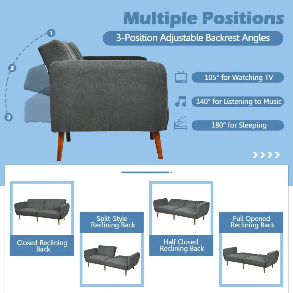 Convertible Futon Sofa Bed Adjustable Couch Sleeper with Wood Legs-Gray - Gray - Sofas & Loveseats