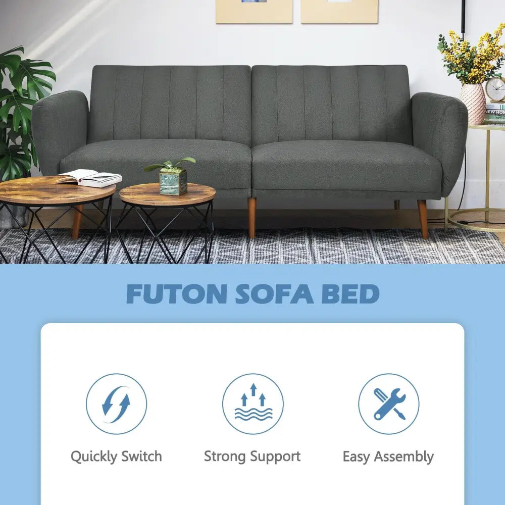 Convertible Futon Sofa Bed Adjustable Couch Sleeper with Wood Legs-Gray - Gray - Sofas & Loveseats