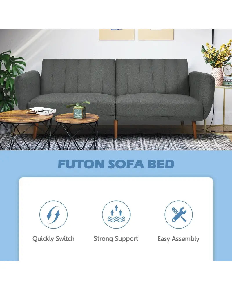 Convertible Futon Sofa Bed Adjustable Couch Sleeper with Wood Legs-Gray - Gray - Sofas & Loveseats