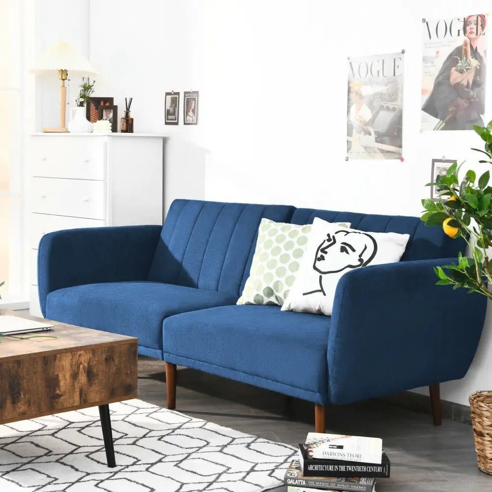Convertible Futon Sofa Bed Adjustable Couch Sleeper with Wood Legs-Navy - Navy - Sofas & Loveseats