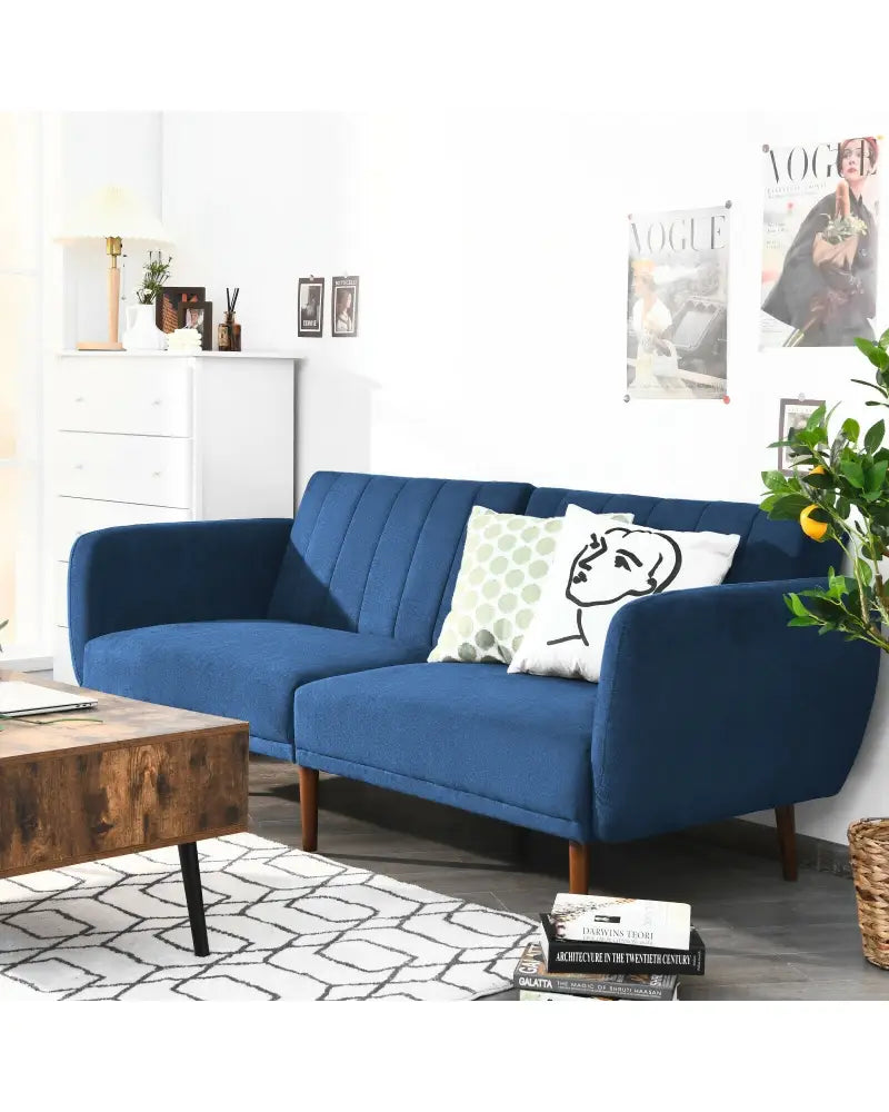 Convertible Futon Sofa Bed Adjustable Couch Sleeper with Wood Legs-Navy - Navy - Sofas & Loveseats