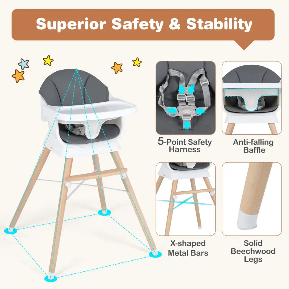 Convertible High Chair for Babies and Toddlers Solid Wood Baby Feeding Chair with 3-Position Adjustable Tray-Gray