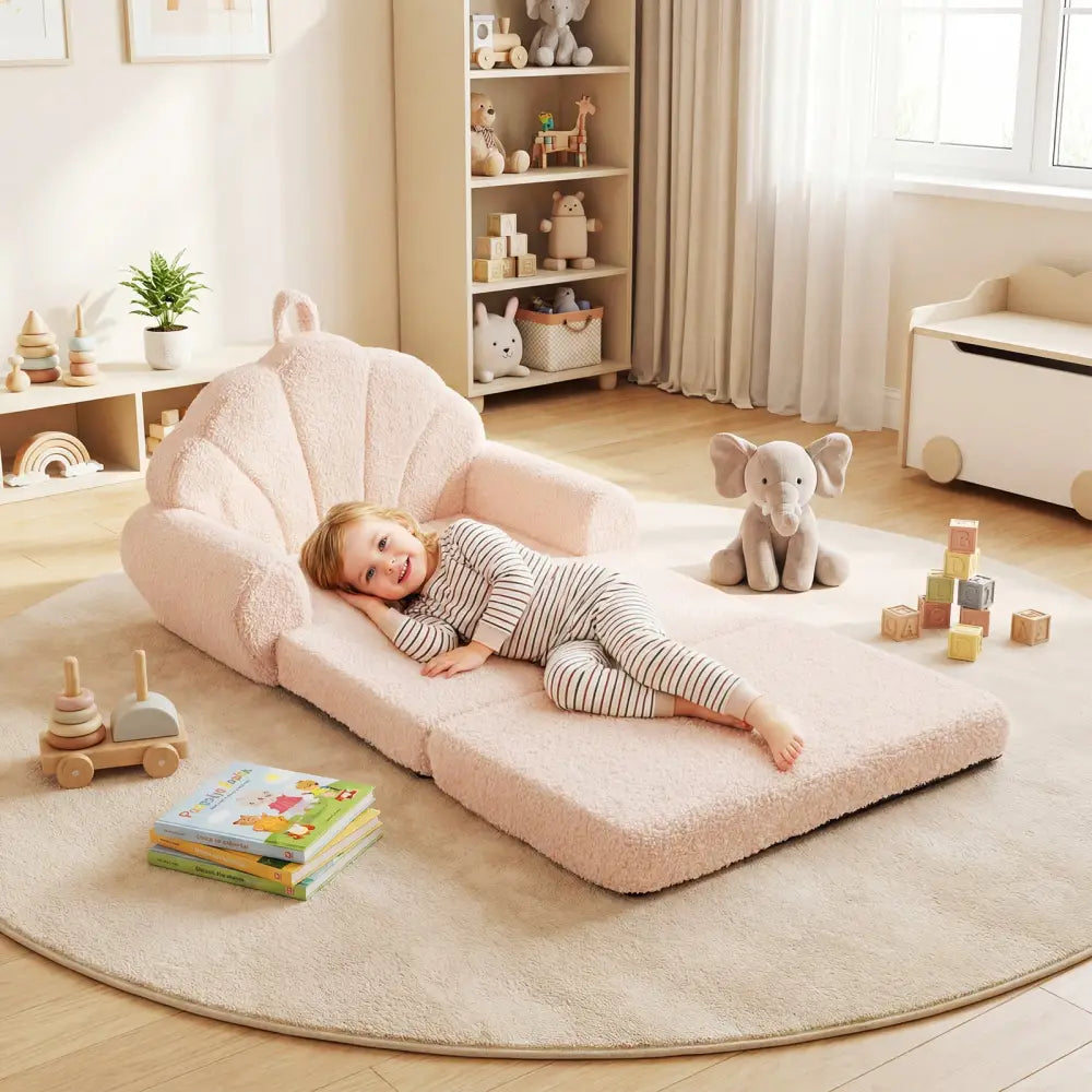 Convertible Kids Sofa 2-in-1 Fold out Toddler Couch Chair-Beige - Beige - Kids Chairs & Seating
