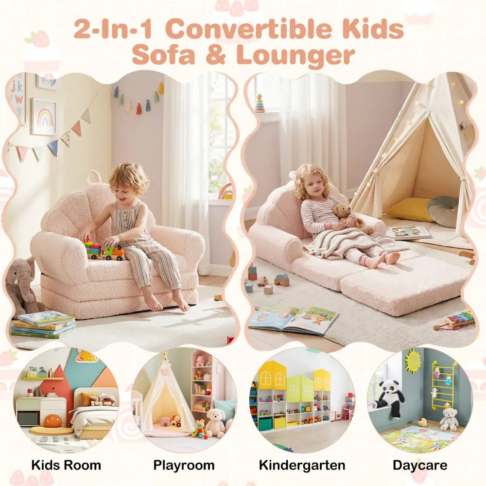 Convertible Kids Sofa 2-in-1 Fold out Toddler Couch Chair-Beige - Beige - Kids Chairs & Seating