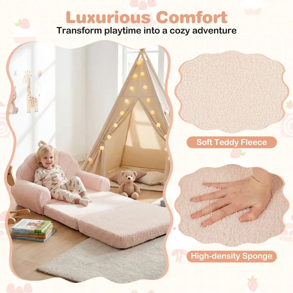 Convertible Kids Sofa 2-in-1 Fold out Toddler Couch Chair-Beige - Beige - Kids Chairs & Seating