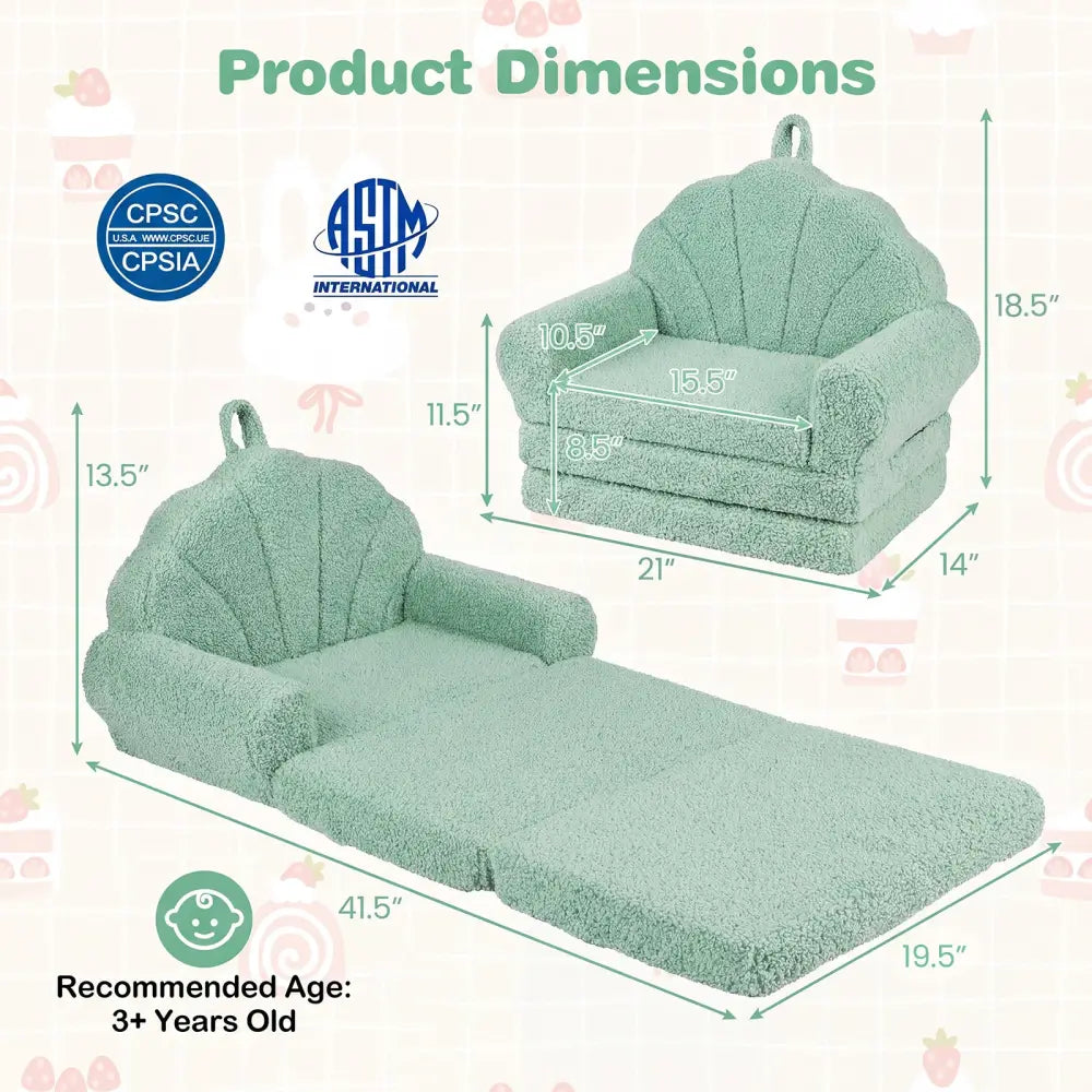 Convertible Kids Sofa 2-in-1 Fold out Toddler Couch Chair-Green - Green - Kids Chairs & Seating