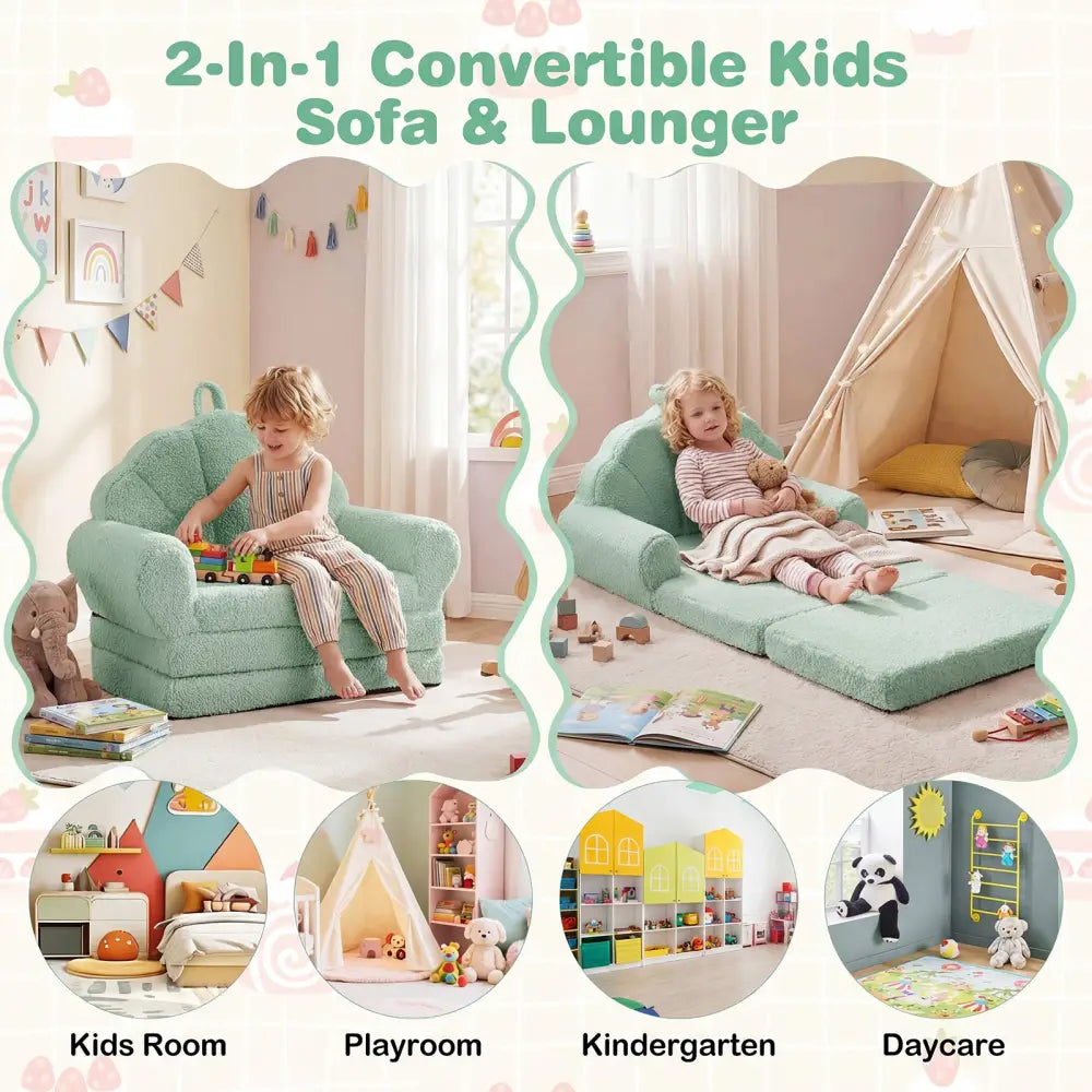 Convertible Kids Sofa 2-in-1 Fold out Toddler Couch Chair-Green - Green - Kids Chairs & Seating