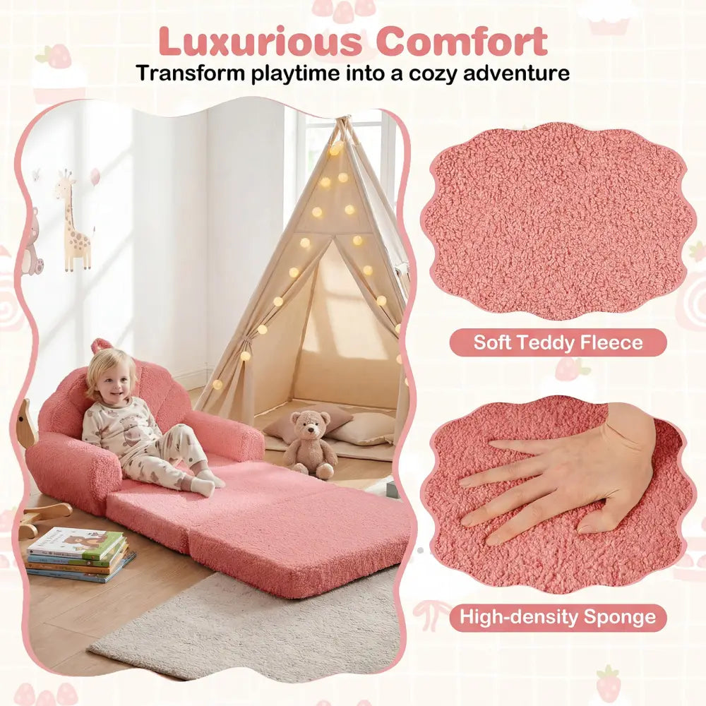 Convertible Kids Sofa 2-in-1 Fold out Toddler Couch Chair-Pink - Pink - Kids Chairs & Seating