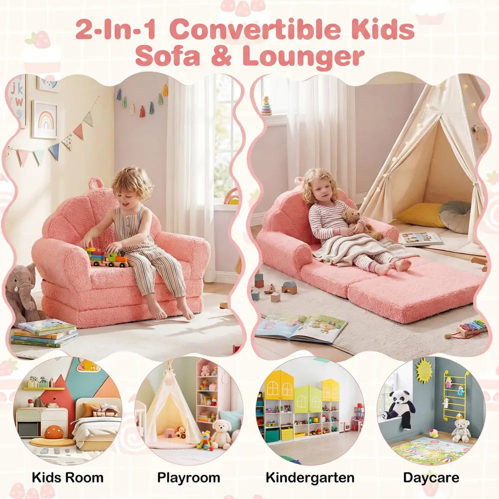 Convertible Kids Sofa 2-in-1 Fold out Toddler Couch Chair-Pink - Pink - Kids Chairs & Seating