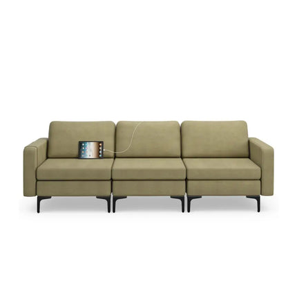 Convertible Leather Sofa Couch with Magazine Pockets 3-Seat with 2 USB Port-Green - Green - Sofas & Loveseats