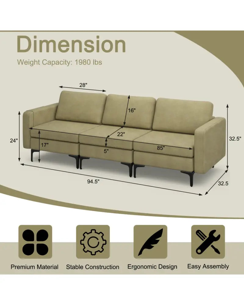 Convertible Leather Sofa Couch with Magazine Pockets 3-Seat with 2 USB Port-Green - Green - Sofas & Loveseats