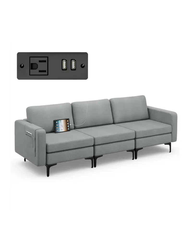 Convertible Leather Sofa Couch with Magazine Pockets 3-Seat with 2 USB Port-Dark Gray - Dark Gray - Sofas & Loveseats