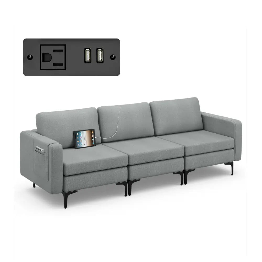Convertible Leather Sofa Couch with Magazine Pockets 3-Seat with 2 USB Port-Dark Gray - Dark Gray - Sofas & Loveseats