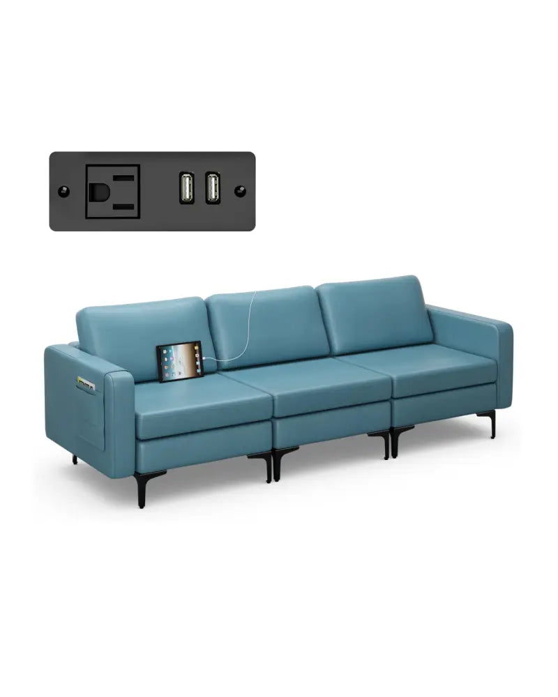 Convertible Leather Sofa Couch with Magazine Pockets 3-Seat with 2 USB Port-Blue - Blue - Sofas & Loveseats
