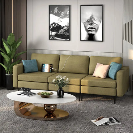 Convertible Leather Sofa Couch with Magazine Pockets 3-Seat with 2 USB Port-Green - Green - Sofas & Loveseats