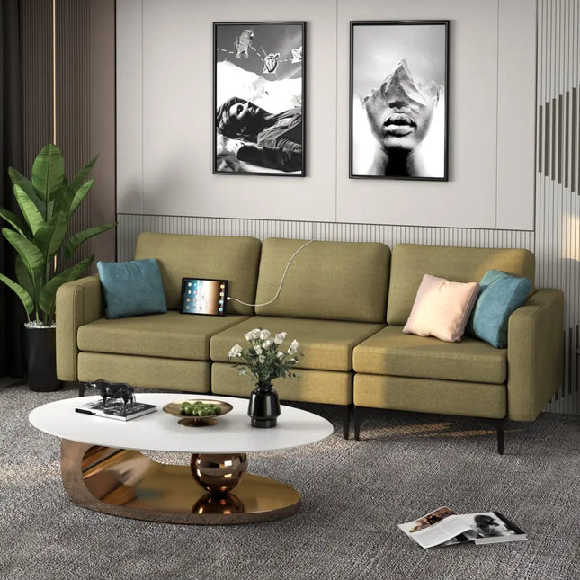 Convertible Leather Sofa Couch with Magazine Pockets 3-Seat with 2 USB Port-Green - Green - Sofas & Loveseats