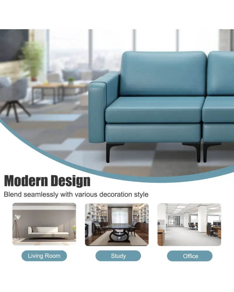 Convertible Leather Sofa Couch with Magazine Pockets 3-Seat with 2 USB Port-Blue - Blue - Sofas & Loveseats