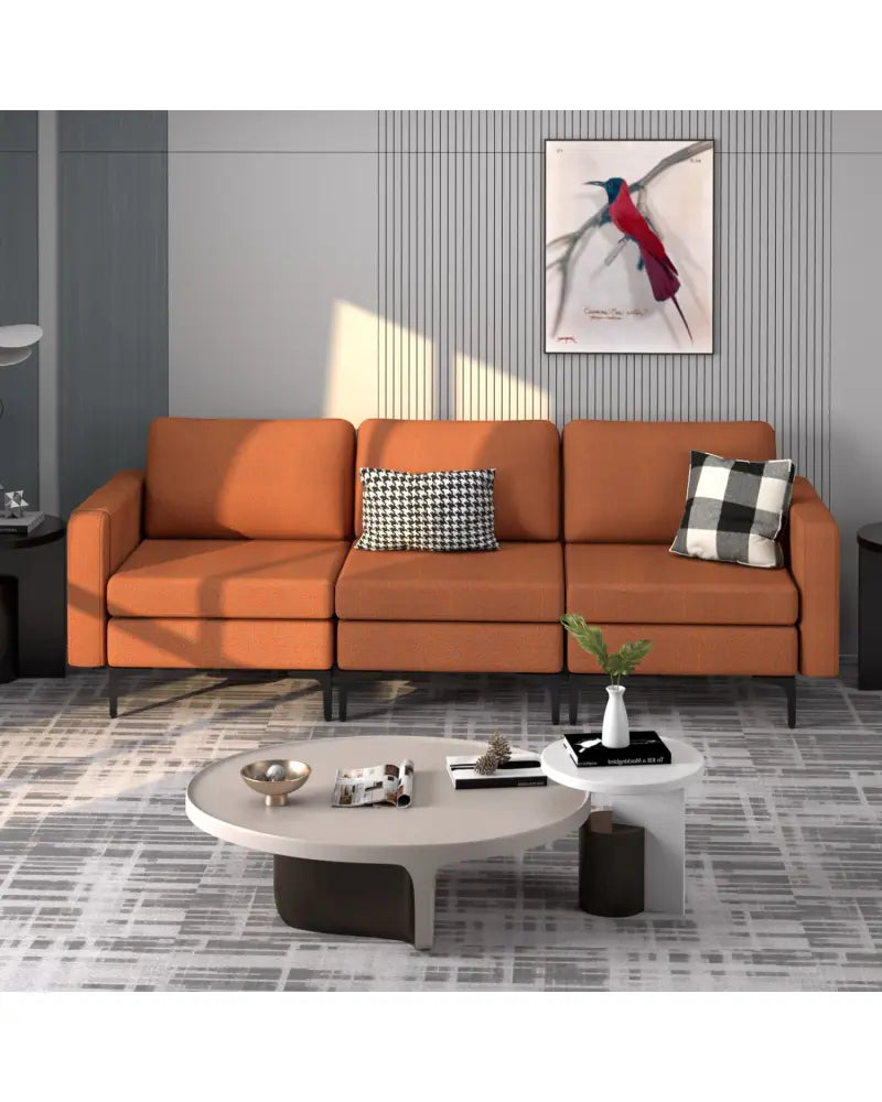 Convertible Leather Sofa Couch with Magazine Pockets 3-Seat with 2 USB Port-Orange - Orange - Sofas & Loveseats