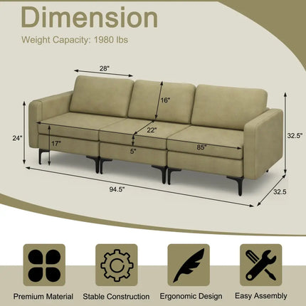 Convertible Leather Sofa Couch with Magazine Pockets 3-Seat with 2 USB Port-Green - Green - Sofas & Loveseats