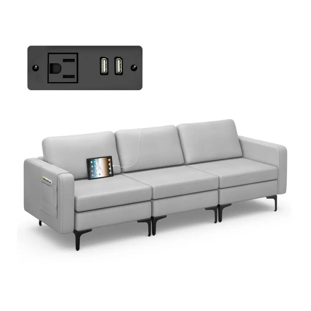 Convertible Leather Sofa Couch with Magazine Pockets 3-Seat with 2 USB Port-Light Gray - Light Gray - Sofas & Loveseats