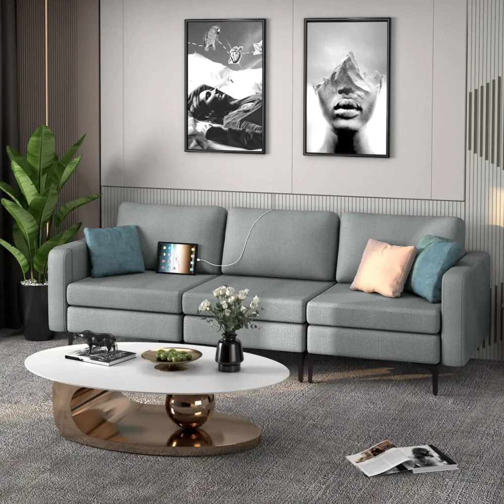 Convertible Leather Sofa Couch with Magazine Pockets 3-Seat with 2 USB Port-Dark Gray - Dark Gray - Sofas & Loveseats