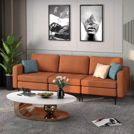 Convertible Leather Sofa Couch with Magazine Pockets 3-Seat with 2 USB Port-Orange - Orange - Sofas & Loveseats
