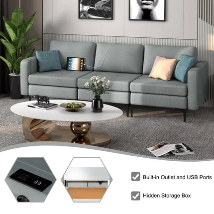 Convertible Leather Sofa Couch with Magazine Pockets 3-Seat with 2 USB Port-Dark Gray - Dark Gray - Sofas & Loveseats
