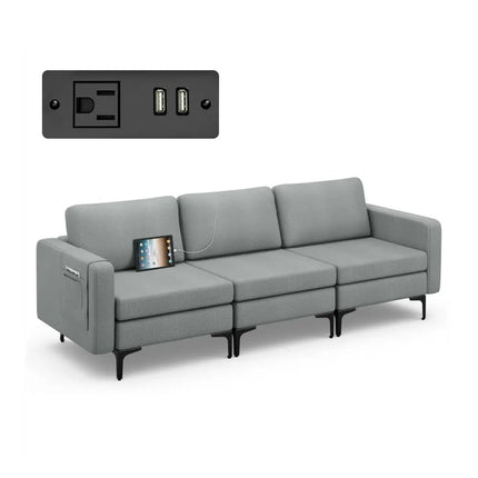 Convertible Leather Sofa Couch with Magazine Pockets 3-Seat with 2 USB Port-Dark Gray - Dark Gray - Sofas & Loveseats