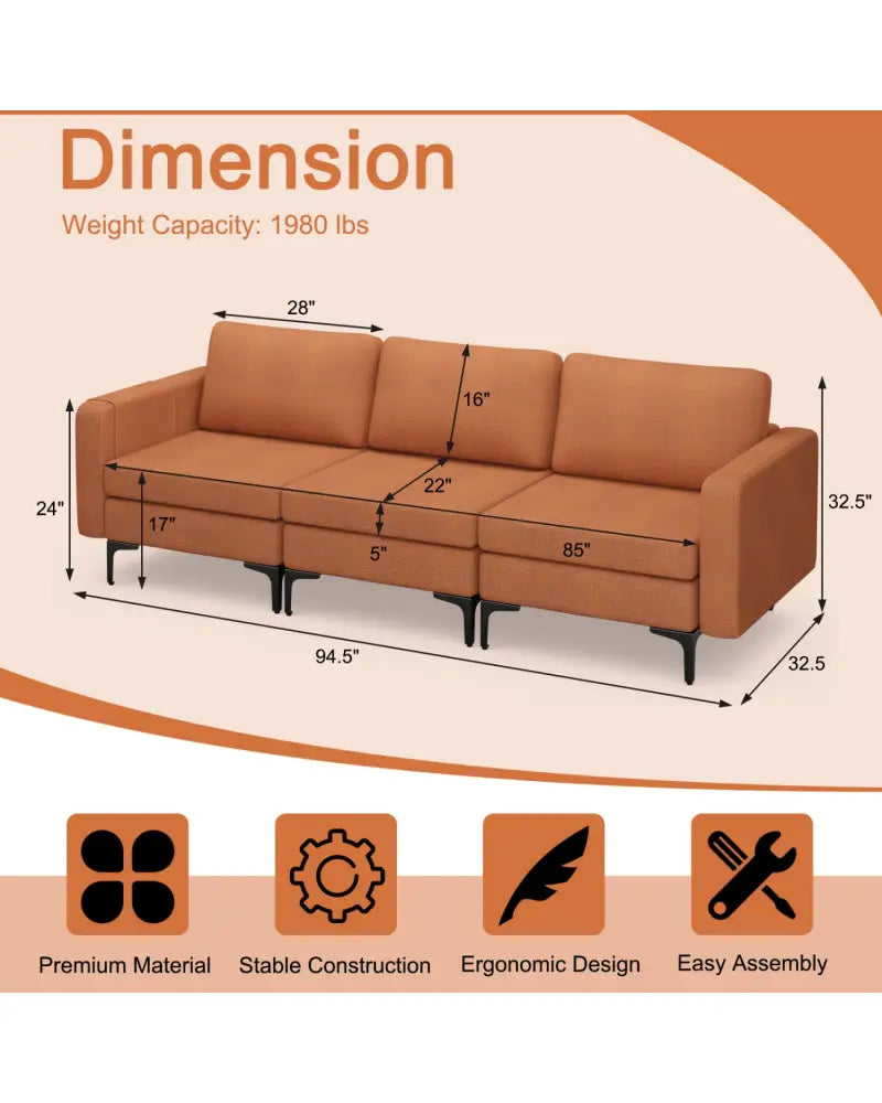 Convertible Leather Sofa Couch with Magazine Pockets 3-Seat with 2 USB Port-Orange - Orange - Sofas & Loveseats
