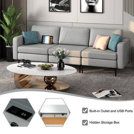 Convertible Leather Sofa Couch with Magazine Pockets 3-Seat with 2 USB Port-Light Gray - Light Gray - Sofas & Loveseats