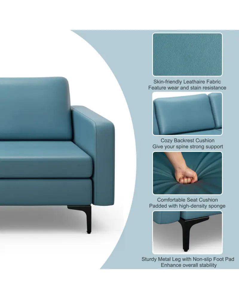 Convertible Leather Sofa Couch with Magazine Pockets 3-Seat with 2 USB Port-Blue - Blue - Sofas & Loveseats
