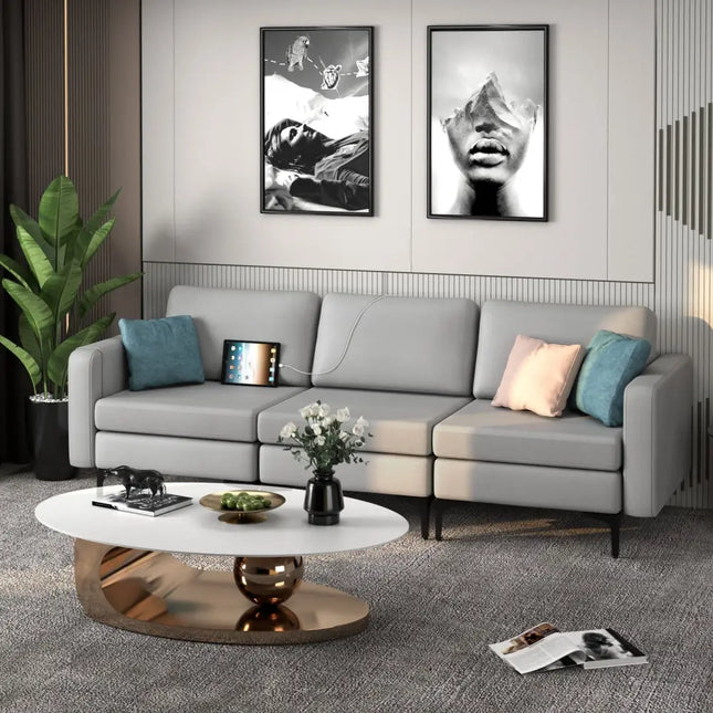 Convertible Leather Sofa Couch with Magazine Pockets 3-Seat with 2 USB Port-Light Gray - Light Gray - Sofas & Loveseats