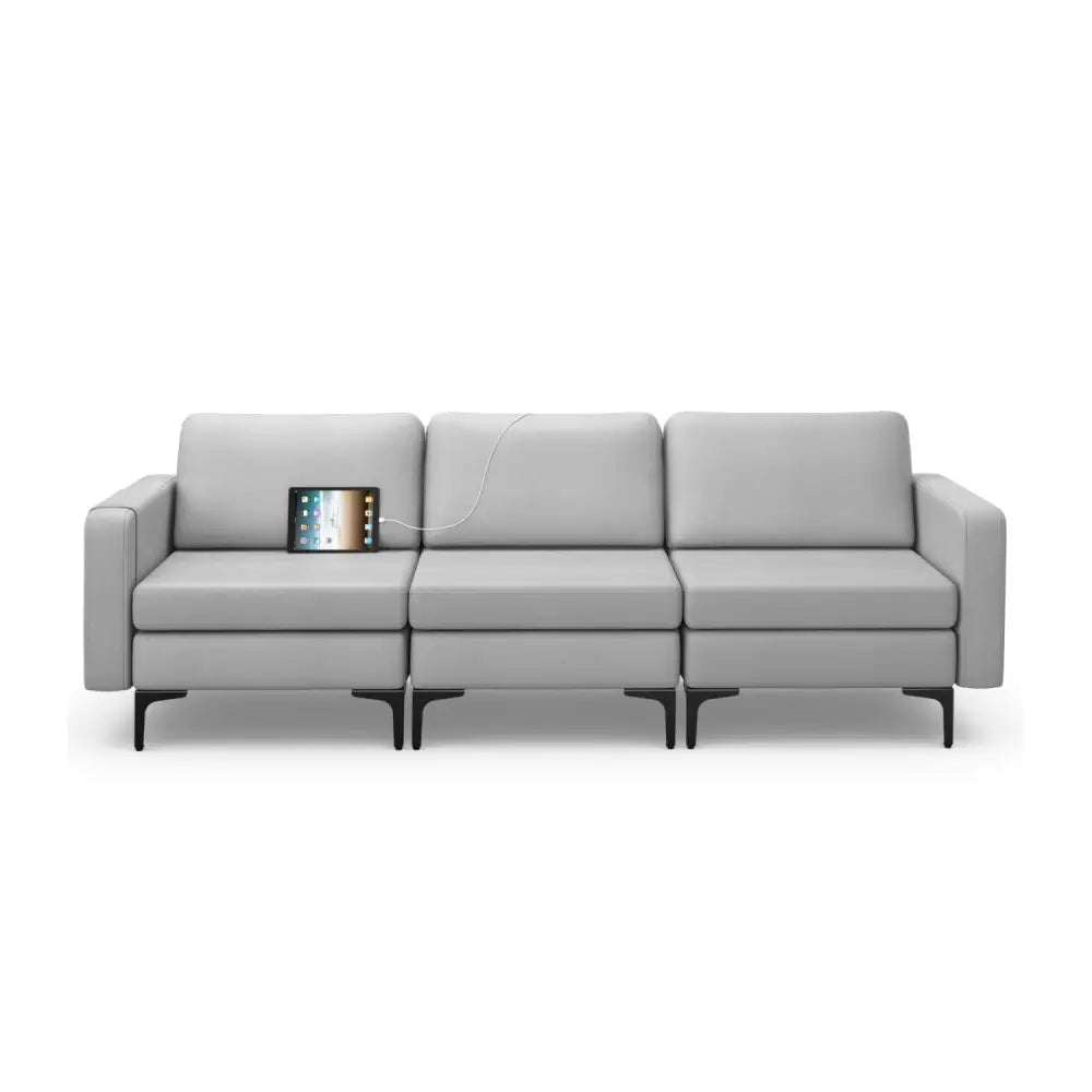 Convertible Leather Sofa Couch with Magazine Pockets 3-Seat with 2 USB Port-Light Gray - Light Gray - Sofas & Loveseats