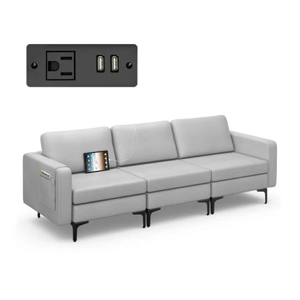 Convertible Leather Sofa Couch with Magazine Pockets 3-Seat with 2 USB Port-Light Gray - Light Gray - Sofas & Loveseats