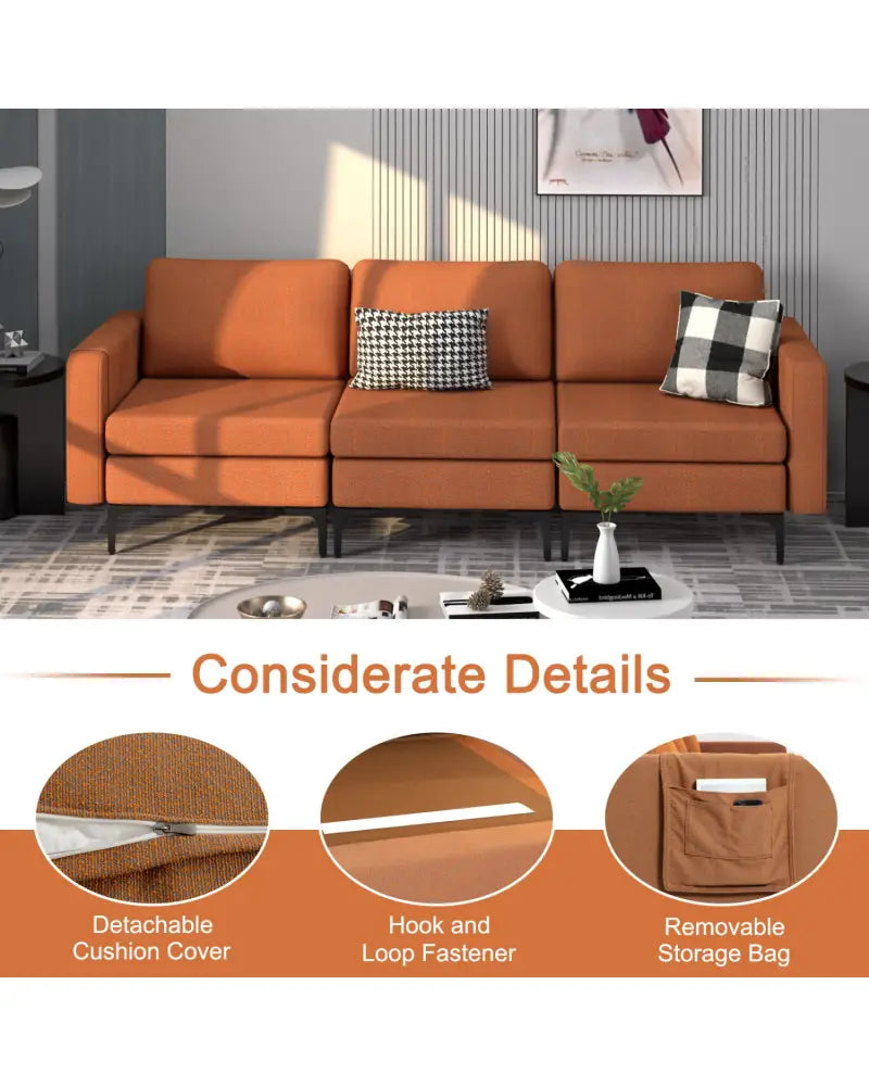 Convertible Leather Sofa Couch with Magazine Pockets 3-Seat with 2 USB Port-Orange - Orange - Sofas & Loveseats