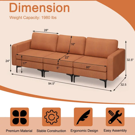 Convertible Leather Sofa Couch with Magazine Pockets 3-Seat with 2 USB Port-Orange - Orange - Sofas & Loveseats