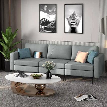 Convertible Leather Sofa Couch with Magazine Pockets 3-Seat with 2 USB Port-Dark Gray - Dark Gray - Sofas & Loveseats