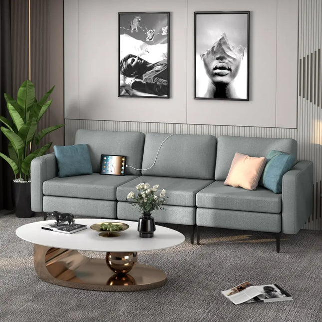 Convertible Leather Sofa Couch with Magazine Pockets 3-Seat with 2 USB Port-Dark Gray - Dark Gray - Sofas & Loveseats