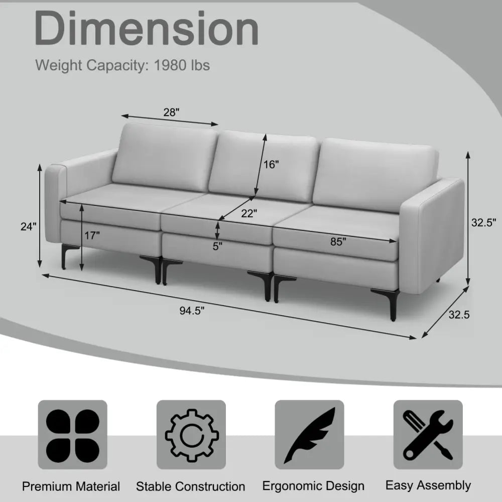 Convertible Leather Sofa Couch with Magazine Pockets 3-Seat with 2 USB Port-Light Gray - Light Gray - Sofas & Loveseats
