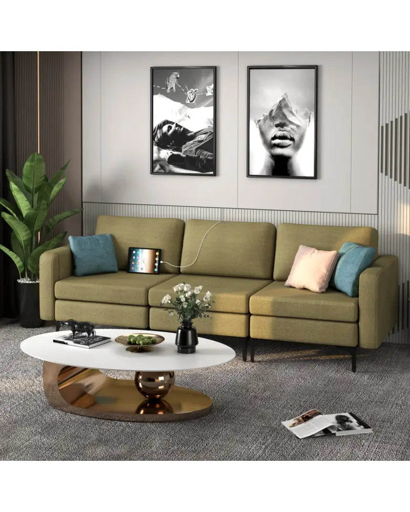 Convertible Leather Sofa Couch with Magazine Pockets 3-Seat with 2 USB Port-Green - Green - Sofas & Loveseats