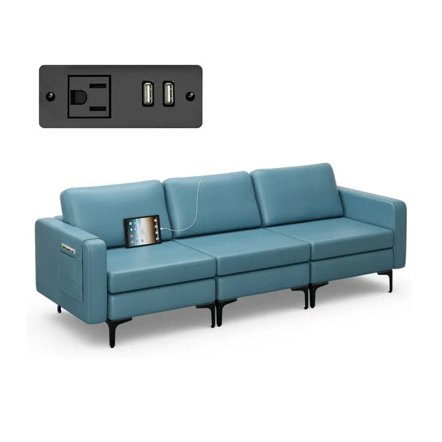 Convertible Leather Sofa Couch with Magazine Pockets 3-Seat with 2 USB Port-Blue - Blue - Sofas & Loveseats