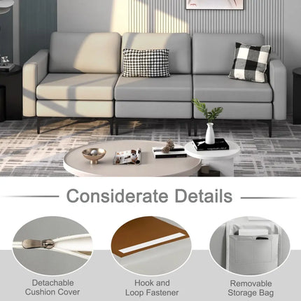 Convertible Leather Sofa Couch with Magazine Pockets 3-Seat with 2 USB Port-Light Gray - Light Gray - Sofas & Loveseats