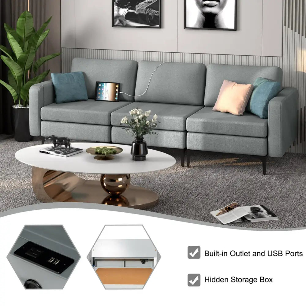 Convertible Leather Sofa Couch with Magazine Pockets 3-Seat with 2 USB Port-Dark Gray - Dark Gray - Sofas & Loveseats