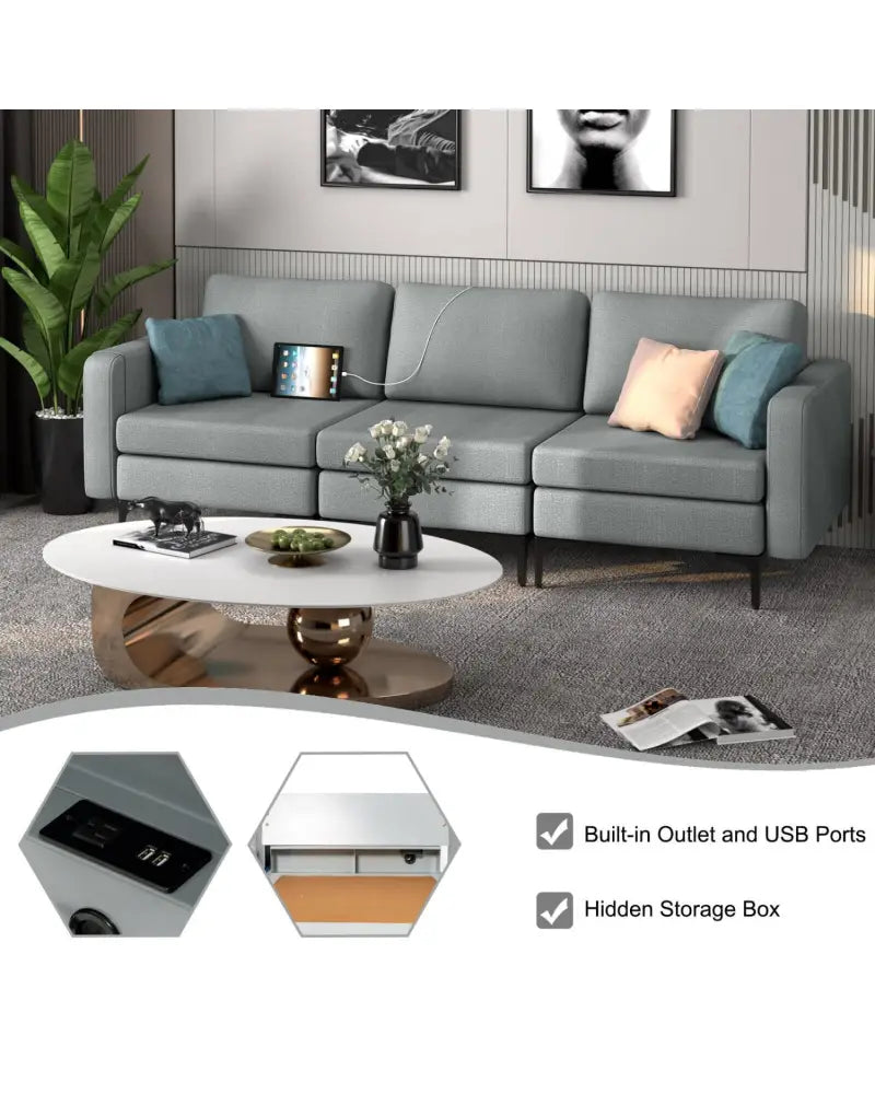 Convertible Leather Sofa Couch with Magazine Pockets 3-Seat with 2 USB Port-Dark Gray - Dark Gray - Sofas & Loveseats