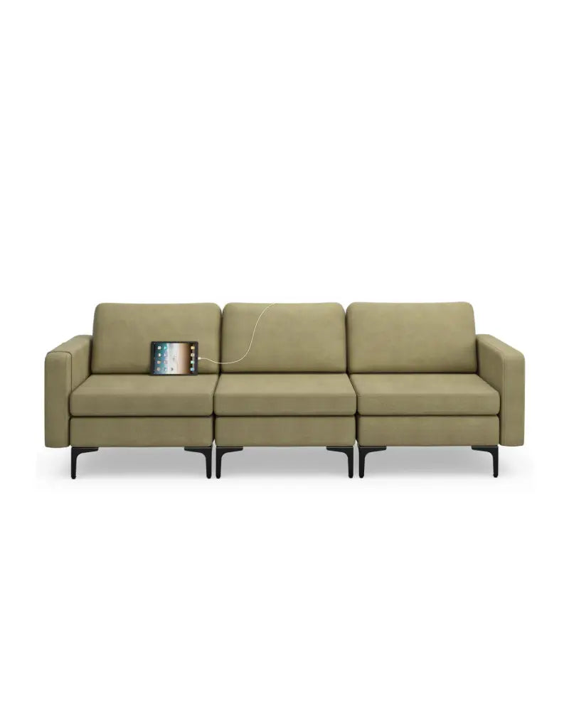 Convertible Leather Sofa Couch with Magazine Pockets 3-Seat with 2 USB Port-Green - Green - Sofas & Loveseats