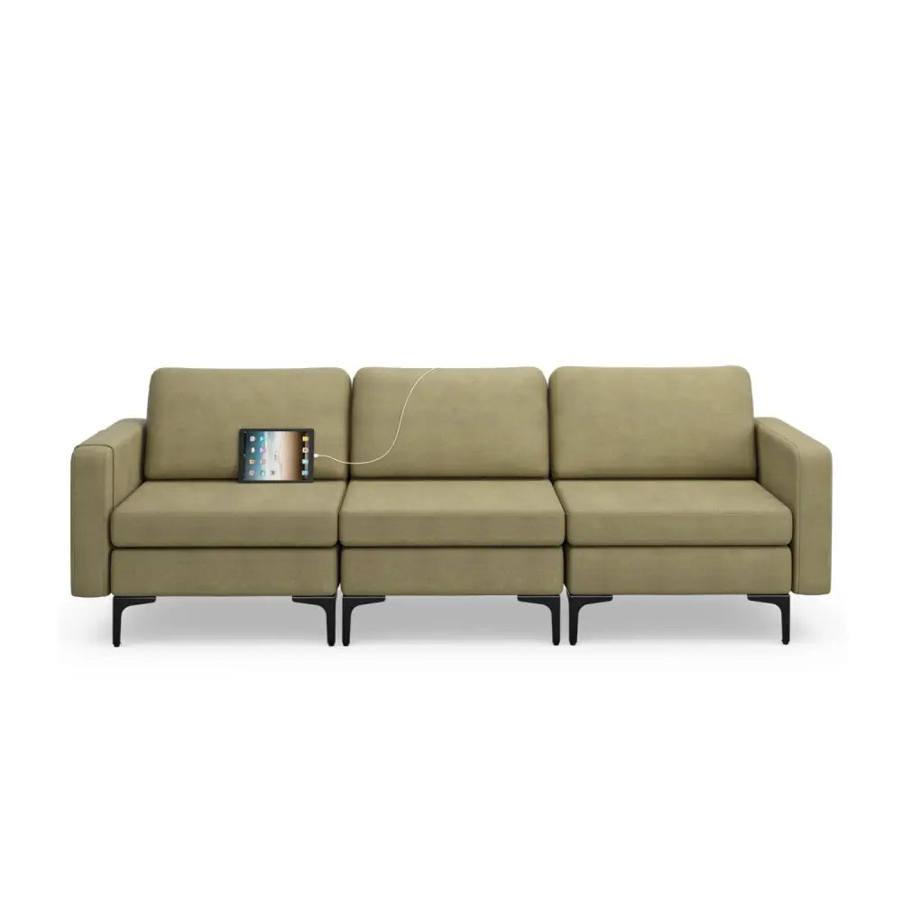 Convertible Leather Sofa Couch with Magazine Pockets 3-Seat with 2 USB Port-Green - Green - Sofas & Loveseats