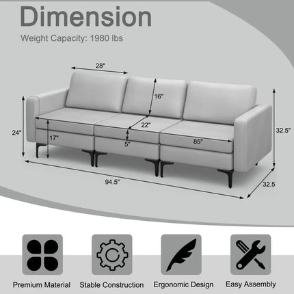 Convertible Leather Sofa Couch with Magazine Pockets 3-Seat with 2 USB Port-Light Gray - Light Gray - Sofas & Loveseats