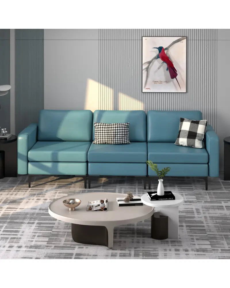 Convertible Leather Sofa Couch with Magazine Pockets 3-Seat with 2 USB Port-Blue - Blue - Sofas & Loveseats